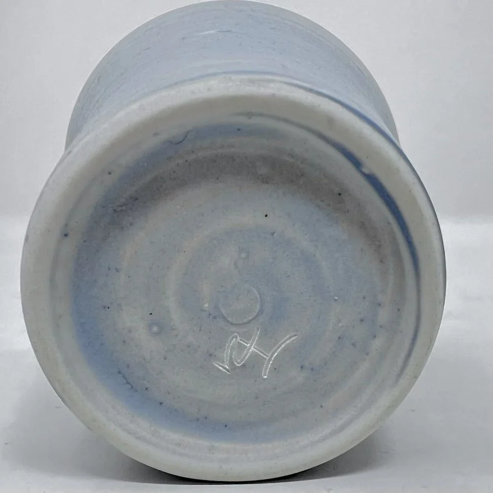 Owl Hand Thrown Pottery Cup Incised Design Blue Wash with Crackle Interior Matte